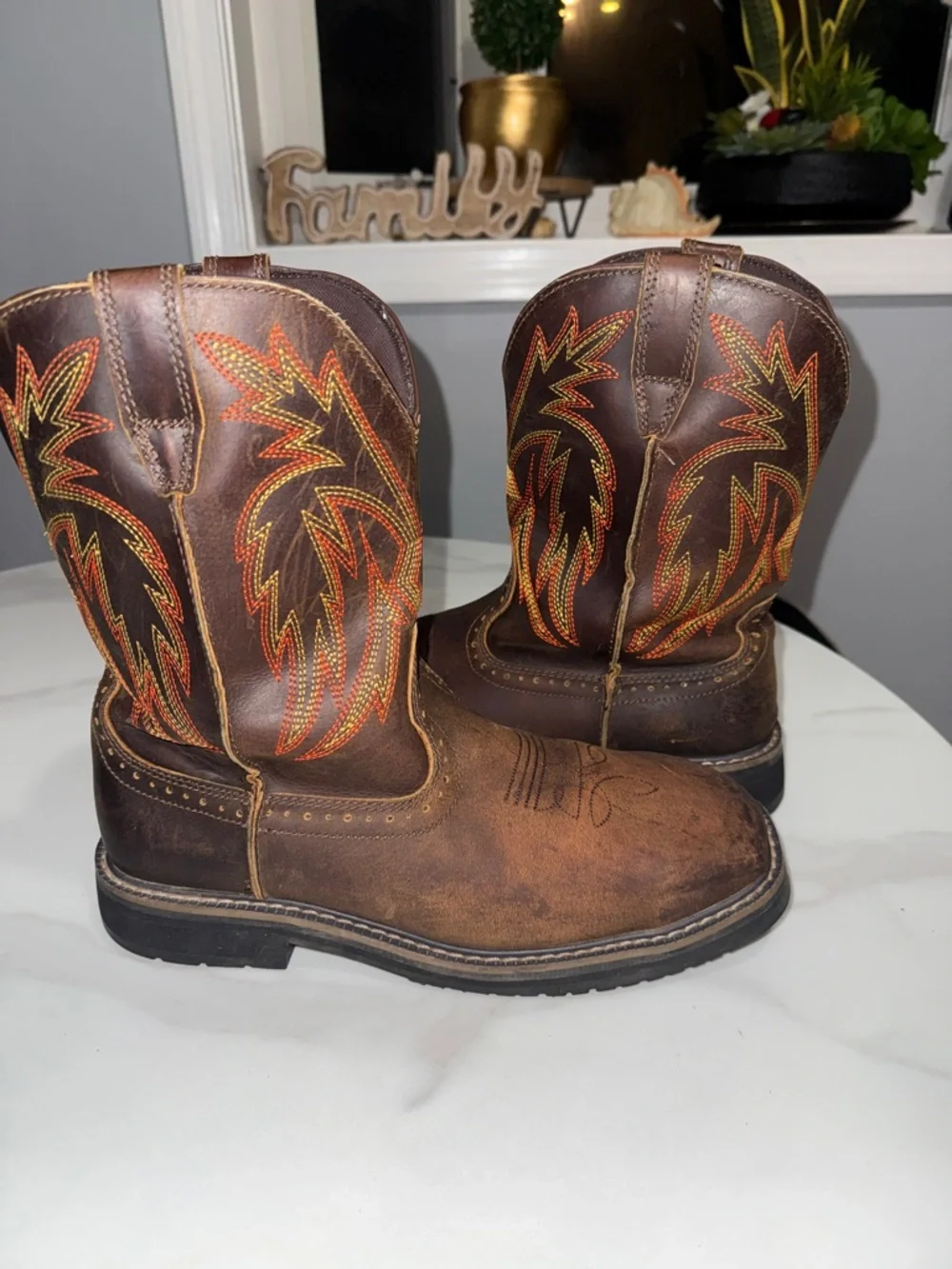 Brown Men's Pull-On Work Boots with Orange Stitching
